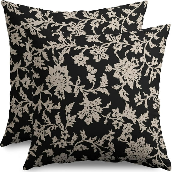 Vintage Floral Block Print Pillow Covers 18x18 Set of 2 Black Brown Cream Flower Pattern Rustic Old Style Decorative Throw Pillow Cases Outdoor Farmhouse Decoration for Sofa Couch Bed