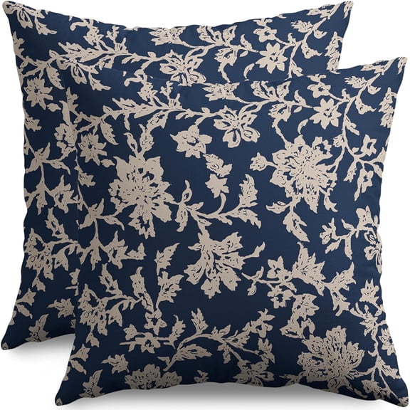 Vintage Floral Block Print Pillow Covers 18x18 Set of 2 Navy Blue Brown Cream Flower Pattern Rustic Old Style Decorative Throw Pillow Cases Outdoor Farmhouse Decoration for Sofa Couch Bed