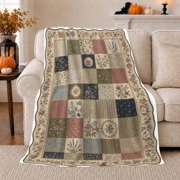 Vintage Floral Blocks with Wreaths and Vines, Serene Cottagecore Style for Flower Lovers, Faded Garden Panel and Mother's Day Gift, Cozy Flannel Blanket for Bedroom and Reading Nook, Home Decor