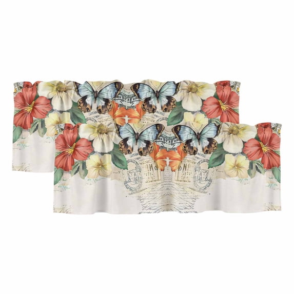 Vintage Floral Blossom Curtain Valances for Windows, Kitchen Valance Window Treatments Panel 2 Pack, Spring Rustic Butterfly Botanical Rod Pocket Short Curtains for Bathroom Bedroom 42 x 12 Inch