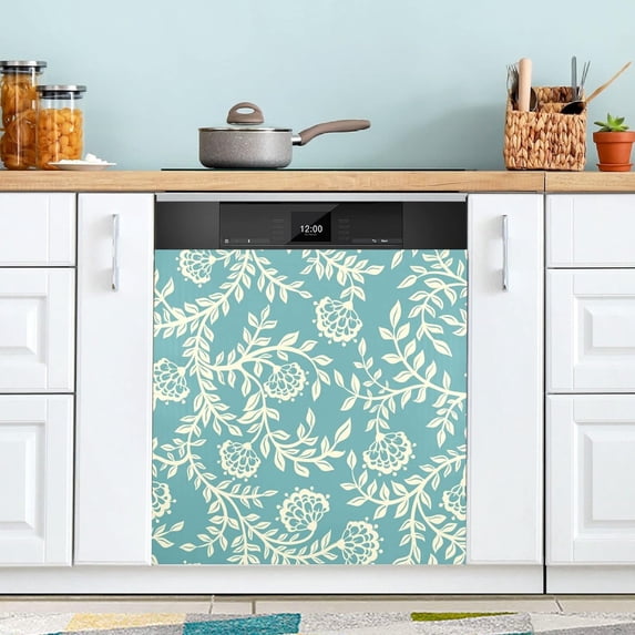 Vintage Floral Blue Dishwasher Magnet Cover, Wash Machine Magnectic Sticker Refrigerator Cover Decorative 23x26inch