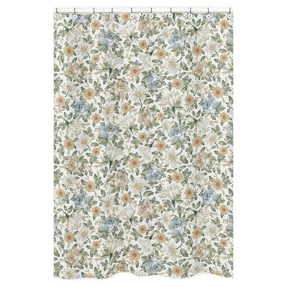 Vintage Floral Blue Yellow Fabric Bath Shower Curtain for Bathroom - Slate Green Orange Taupe Beige Shabby Chic Rose Flower Boho Bohemian Farmhouse Roses Wildflower Botanical