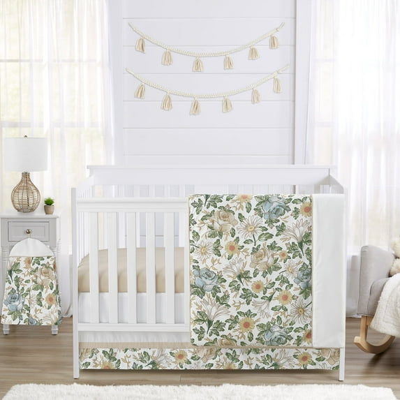 Sweet Jojo Designs Vintage Floral Blue Yellow and Beige 4 Piece Crib Bedding Set