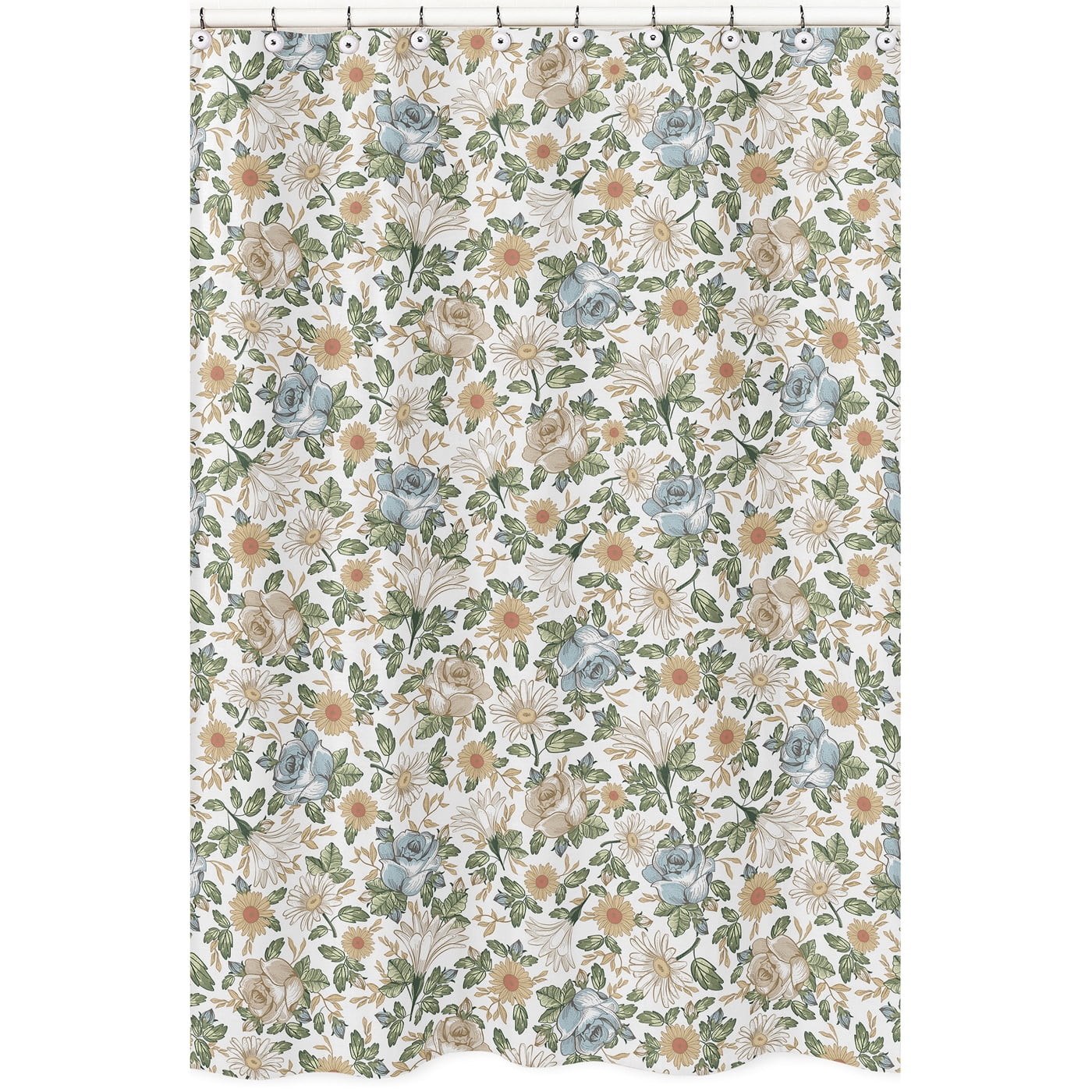 Vintage Floral Blue and Yellow Fabric Shower Curtain