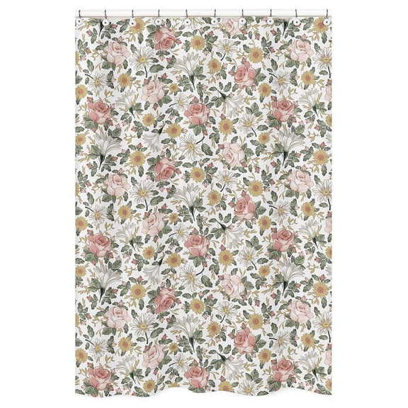 Vintage Floral Boho Bathroom Fabric Bath Shower Curtain - Blush Pink, Yellow, Green and White Shabby Chic Rose Flower Farmhouse
