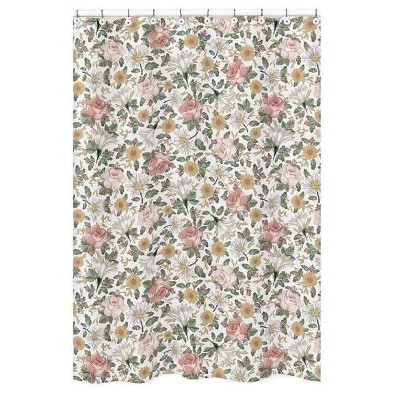 Vintage Floral Boho Bathroom Fabric Bath Shower Curtain - Pink, Yellow, Green and White Shabby Chic Rose Flower Farmhouse