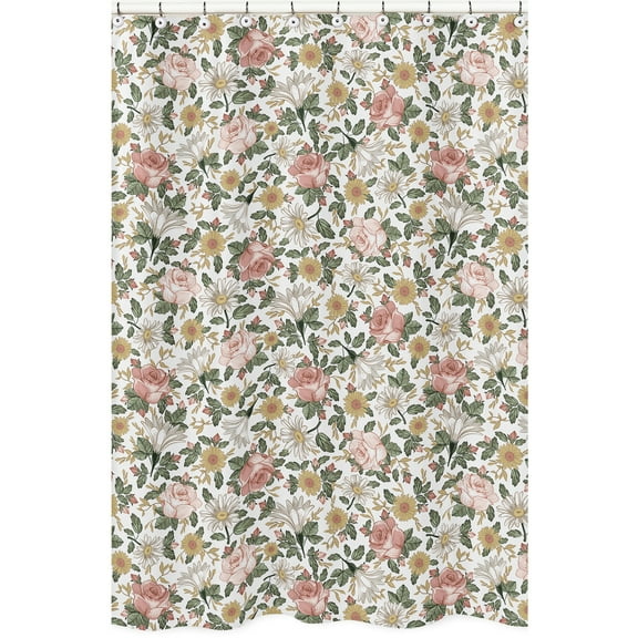 Vintage Floral Boho Bathroom Fabric Bath Shower Curtain by Sweet Jojo Designs - Blush Pink, Yellow, Green and White Shabby Chic Rose Flower Farmhouse