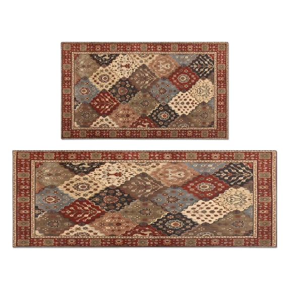 Vintage Floral Boho Kitchen Rugs Non-Skid & Washable Mats for Door & Sink, Red Runner Rug & Retro Mat. Refresh Your Kitchen - Set of 2