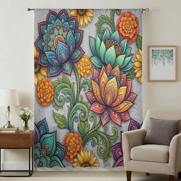 Vintage Floral Boho Sheer Curtains 108" Extra Long for Living Room, Abstract Art Modern Flowers Light Filtering Privacy Drapes, Breathable Semi Sheer Window Treatment for Floor to Ceiling Window