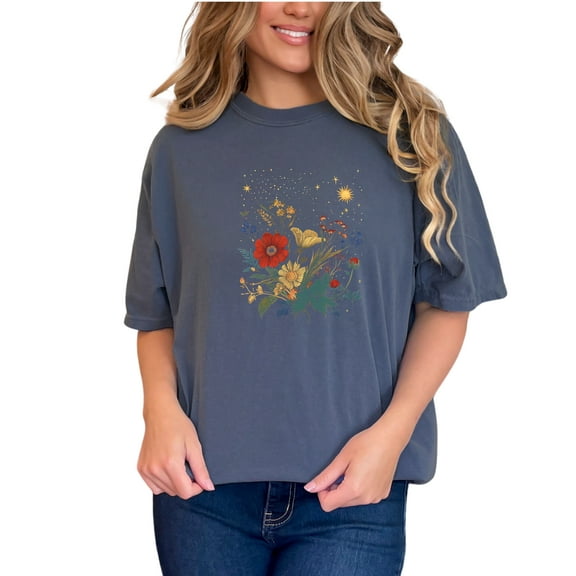 Vintage Floral Boho T-Shirt, Retro Flower Graphic Tee, Sun and Stars Shirt, Botanical Art Top, Casual Summer Tee, Gift for Her, Denim Comfort Colors T-Shirt, XL