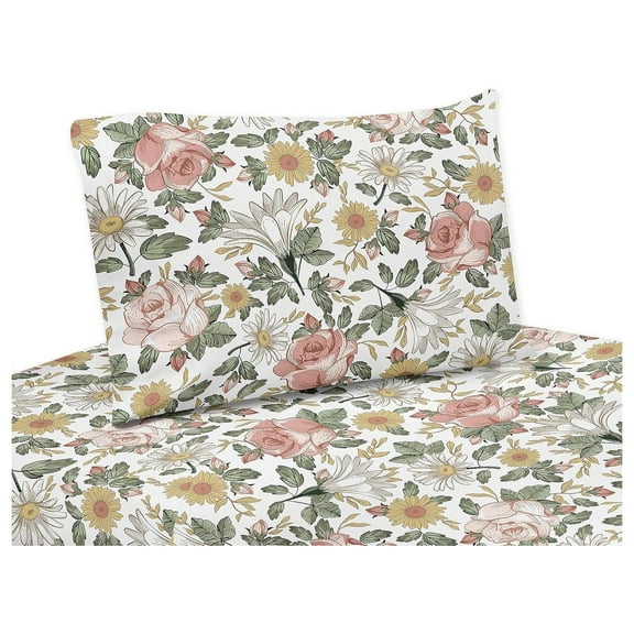 Vintage Floral Boho Twin Sheet Set - 3 Piece Set - Blush Pink, Yellow, Green and White Shabby Chic Rose Flower Farmhouse