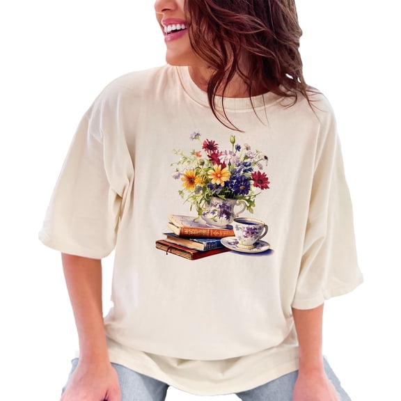 Vintage Floral Book Lover T-Shirt, Cozy Book Club Tee, Tea Cup Books Graphic Shirt, Perfect Gift for Readers, Soft Aesthetic Top, Ivory Comfort Colors T-Shirt, Medium