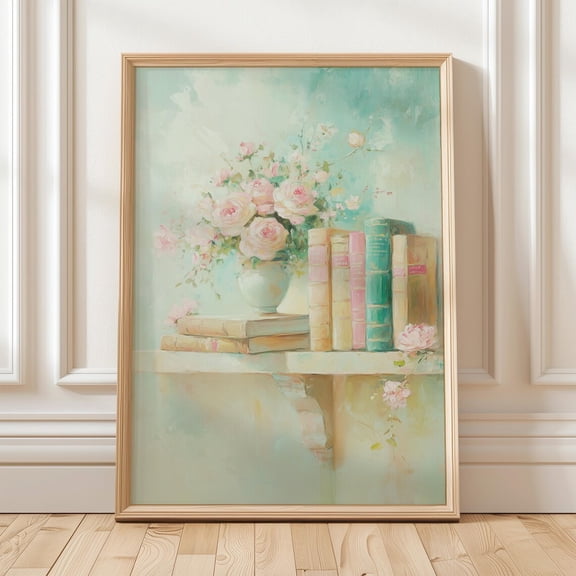 Vintage Floral Bookshelf Print, Feminine Antique Books Aesthetic Book Lover Gift, Dreamy Book Collection Wall Art, Wall Art, Modern Wall Decor, 12x18 UNFRAMED