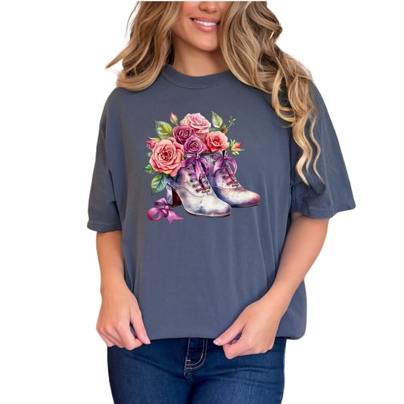 Vintage Floral Boot T-shirt, Retro Shoe and Flower Design Tee, Unique Fashion Graphic Shirt, Artistic Casual Wear Tee, Denim Comfort Colors T-Shirt, Small