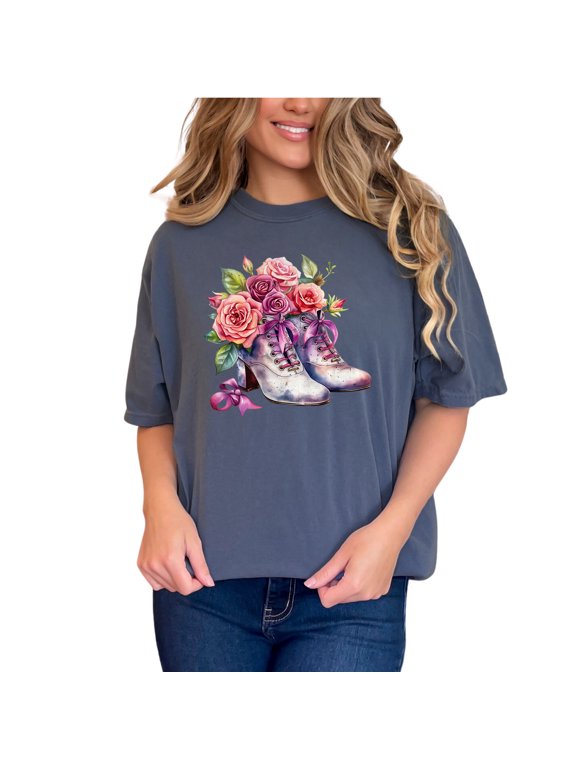 Vintage Floral Boot T-shirt, Retro Shoe and Flower Design Tee, Unique Fashion Graphic Shirt, Artistic Casual Wear Tee, Denim Comfort Colors T-Shirt, XL