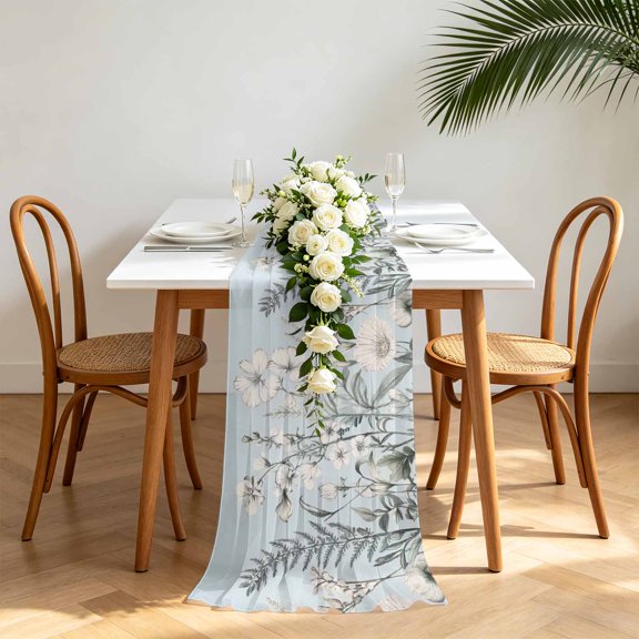 Vintage Floral Botanical Chiffon Wedding Table Runner 120 Inches Long, Blue Rustic Flowers Voile Sheer Tulle Runner for Rustic Reception Bridal Shower Decorations Birthday Party