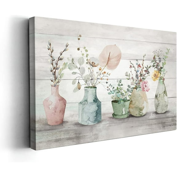Vintage Floral in Bottles Wall Art Farmhouse Bathroom Decor Poster Mason Jar Theme Picture Canvas Print Décor for Bathroom Bedroom Framed Artwork 12x16 inch