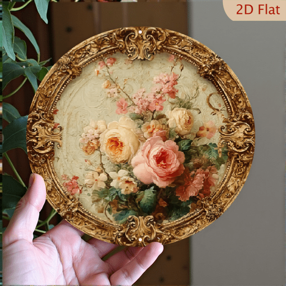 Vintage Floral Bouquet with Ornate Gold Frame Round Aluminum Sign - Victorian Wall Decor, 1pc, 8" Wall Art Metal Signs For Kitchen, Office, Bedroom, Room, Home, Bathroom Decor, Housewarming Gift, 2D