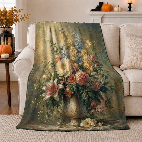 Vintage Floral Bouquet in Vase on Moody Green Ground, Elegant Botanical Still Life Art for Flower Lovers, Birthday Gift, Soft Flannel Blanket for Bedroom, Floral Home Decor