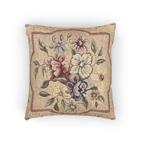 Vintage Floral Bouquet in Muted Rose, Blue and Cream Decorative Woven Pillow, Cotton-Polyester, Traditional Home Accent
