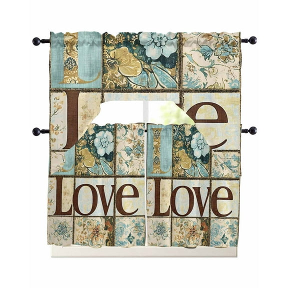 Vintage Floral Buffalo Plaid Kitchen Curtains Sets 36 Inch Length with Valance, Blue Beige Checkered Swag Valances and Tiers Curtain Set Drapes Swag Curtains for Living Room, Bathroom, Bedroom, Cafe