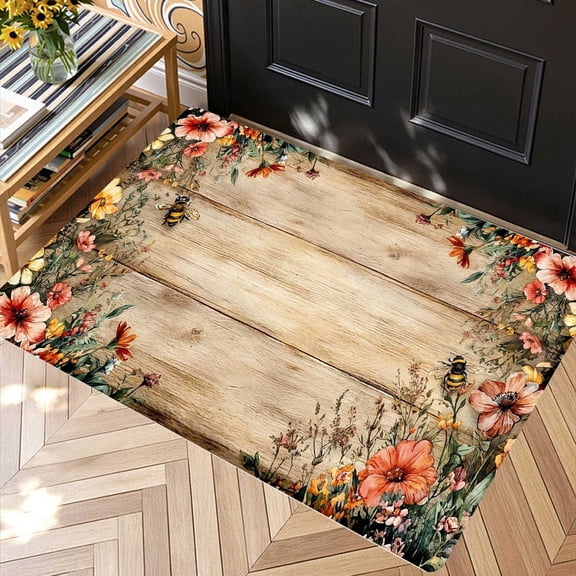 Vintage Floral Bumble Bee Wood Plank Doormat, Porch Entryway Bedroom Rustic Nature Aesthetic Accent, Thanksgiving Christmas Gift