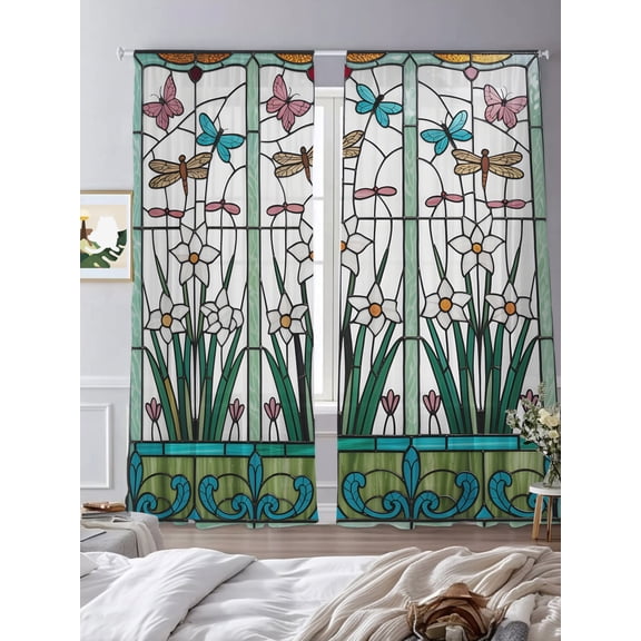 Vintage Floral Butterfly Sheer Curtains 2 Panels Set Stained Glass Botanical Art Lihgt Filtering Rod Pocket Voile Drape,Semi Sheer Window Curtains for Bedroom Living Room,52"x84"