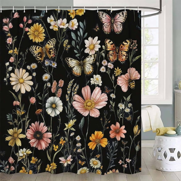 Vintage Floral Butterfly Shower Curtain, Flower Black Shower Curtains for Bathroom,Retro Pretty Floral Bath Curtain Bathroom Decor, 72x72in
