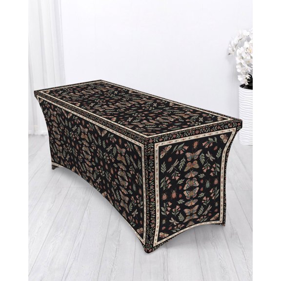Vintage Floral Butterfly Spandex Tablecloth 4ft Classical Botanical Plant Leaf Elastic Fitted Cloth for Rectangle Table Washable Wrinkle Proof Stretch Table Cover for Wedding Party Birthday Banquet
