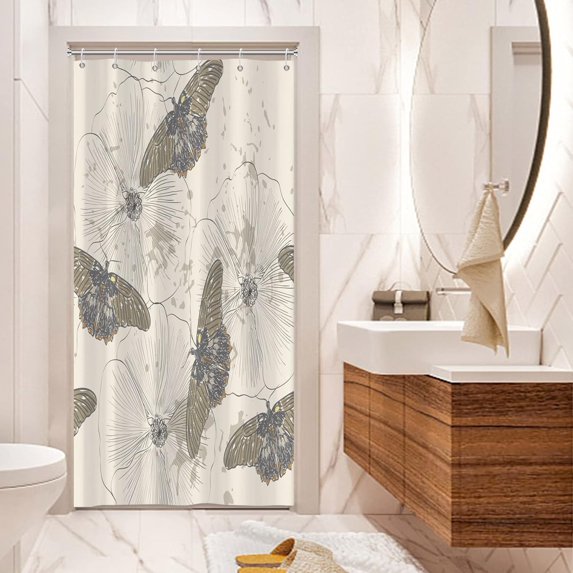 Vintage Floral Butterfly Stall Shower Curtain, Minimalist Flower Plants Small Dorm Bathroom Curtain, Retro Modern Insects Narrow Shower Curtain for Bathroom Set with 6 Hooks, 36Wx72L