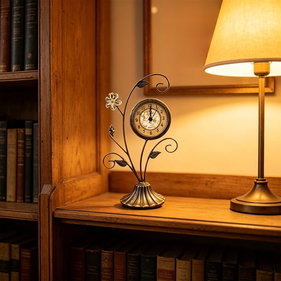Vintage Floral Butterfly Wrought Iron Table Clock, Silent Non Ticking Antique Desktop Ornament for Bedroom Living Room Decor, Roman Numerals