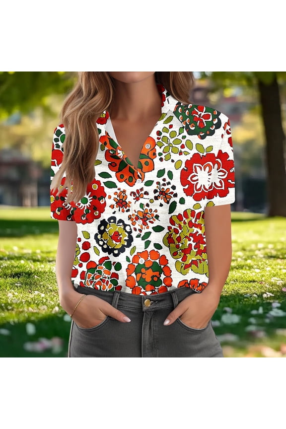 Vintage Floral Button Down Blouse for Women Short Sleeve Lapel V Neck Botanical Graphic Print Relaxed Fit Tropical Vacation Summer Shirt