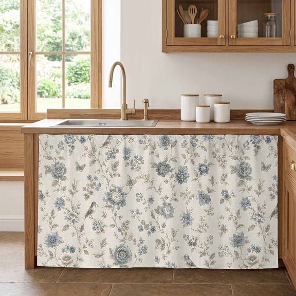 Vintage Floral Cabinet Curtains for Kitchen 32"Wx55"L, Country Rustic Gold Blue Botanical Flower Leaf Bird Pantry Curtain Skirt Magic Tape Short Curtains Decor Privacy Panel for Closet Bathroom