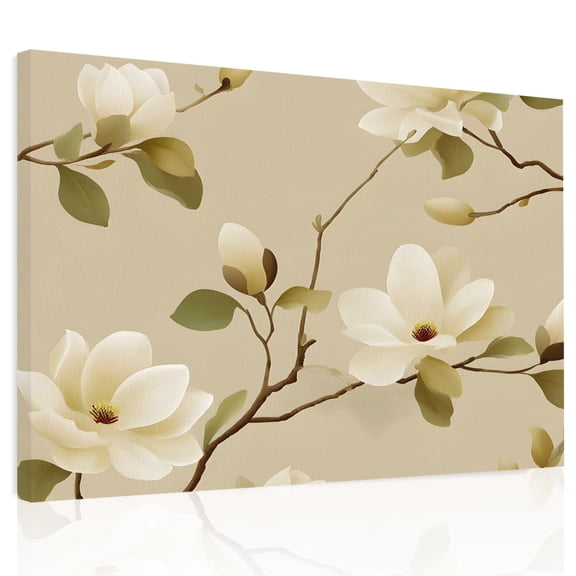Vintage Floral Canvas Print Wall Art, Magnolia Flowers Branches Rustic Botanical Beige Wall Decor Modern Artwork Paintings Pictures for Living Room Framed and Stretched Ready to Hang 20" x 24"
