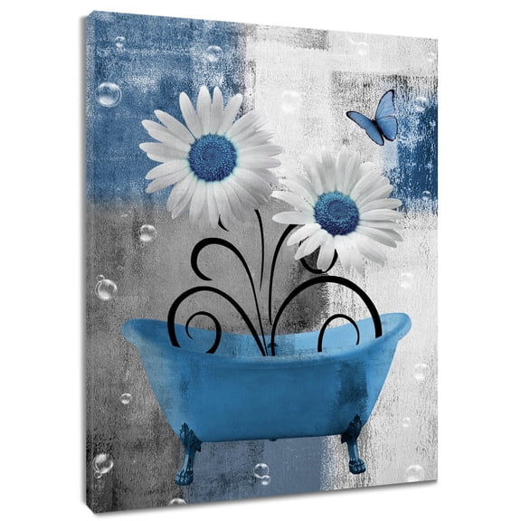 Vintage Floral Canvas Wall Art, Country Daisy Butterfly Grey White Abstract Geometric Decor for Bathroom Living Room Bedroom