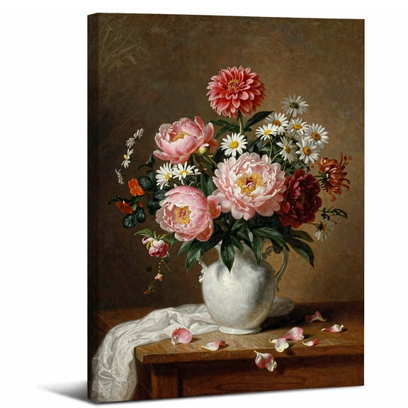 Vintage Floral Canvas Wall Art Framed,Peony Daisy Mixed Flowers in White Vase canvas print for bathroom bedroom or living room decor,8x12in