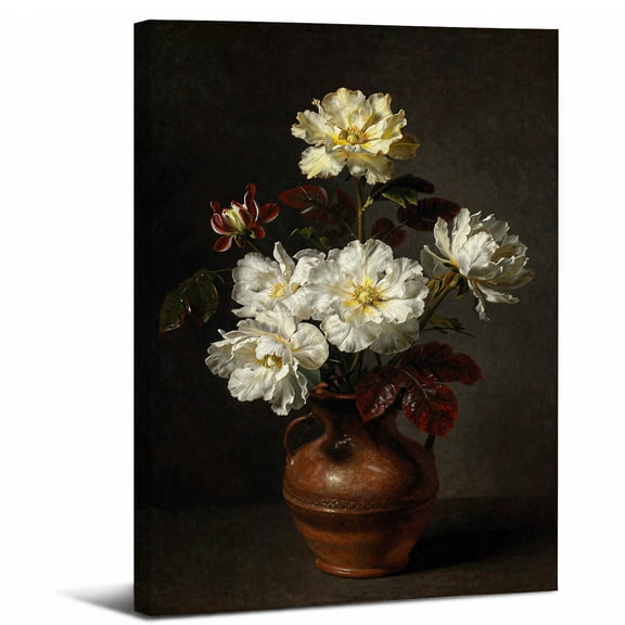 Vintage Floral Canvas Wall Art Framed,White Peony in Clay Vase Landscape canvas print for bathroom bedroom or living room decor,8x12in