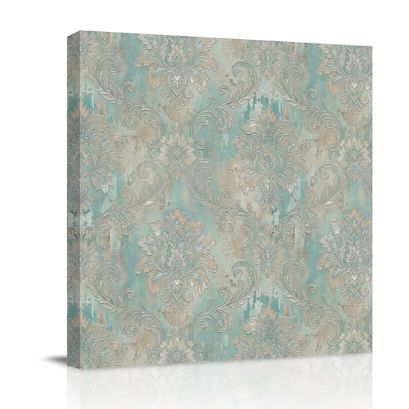 Vintage Floral Canvas Wall Art for Living Room, Baroque Flower Texture Leaves Vines Teal Mottled Poster Print Painting for Bedroom Office Home Decoration Wall Pictures Prepare To Hang 10"x10"