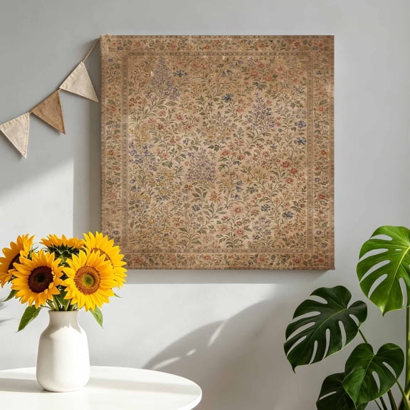 Vintage Floral Canvas Wall Art for Living Room, Ochre Flower Pattern Wild Leaf Rustic Country Poster Print Painting for Bedroom Office Home Decoration Wall Pictures Prepare To Hang 8"x8"