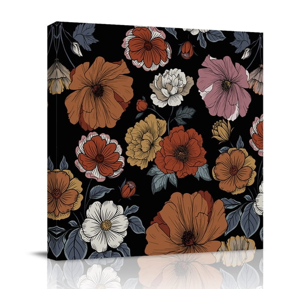 Vintage Floral Canvas Wall Art for Living Room, Red Pink Yellow White Flowers Black Bottom Poster Print Painting for Bedroom Office Home Decoration Wall Pictures Prepare To Hang 8"x8"