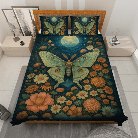 Vintage Floral Celestial Moon Butterfly Quilt Bedding Set - Luna Moth Quilt Blanket with Pillowcases