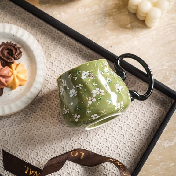 Vintage Floral Ceramics Coffee Cup,Floral Design, Pot Belly Style, Microwave And Dishwasher Safe,Home Water Mug, Breakfast Mug, Office Tea Mug,Small Floral Ceramic Tea Cup