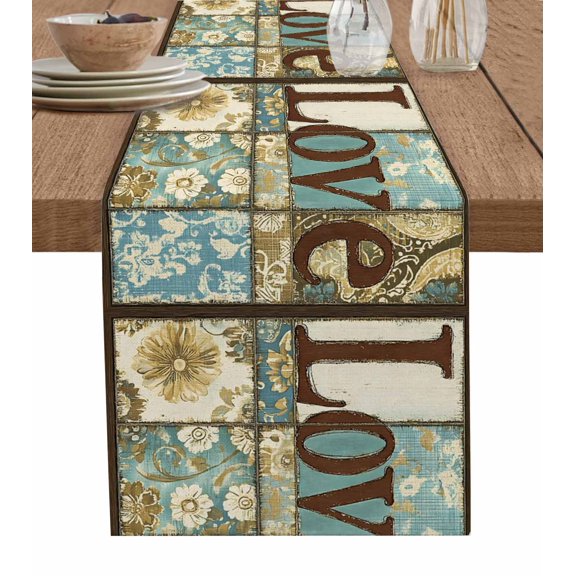Vintage Floral Check Table Runner 70 Inches, Blue Yellow Love Buffalo Plaid Bed Runner Dresser Scarves Tabletop for Indoor Outdoor Parties/Ceremony/Banquet, 13" x 70"