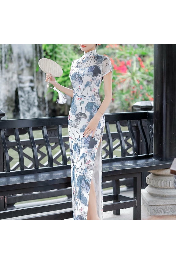 Vintage Floral Cheongsam Qipao Maxi Dress, Short Sleeve Chinese Traditional Side Slit Dress, Elegant Evening Gown for Wedding Guest Formal Party