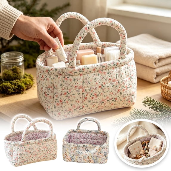 Vintage Floral Cloth Storage Tote Household Organizer Quilted Stitching Handheld Storage Basket Multipurpose Caddy For Bedroom Countertop Arrangement