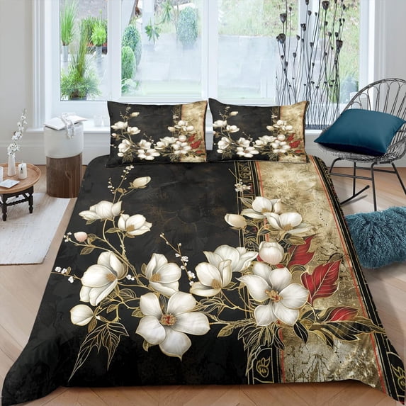 Vintage Floral Comforter Cover White Magnolia Bed Sets Japanese Elegant Blossom Duvet Cover Adults Oriental Aesthetic Artwork Bedding Sets 3 Pieces, Breathable, Soft