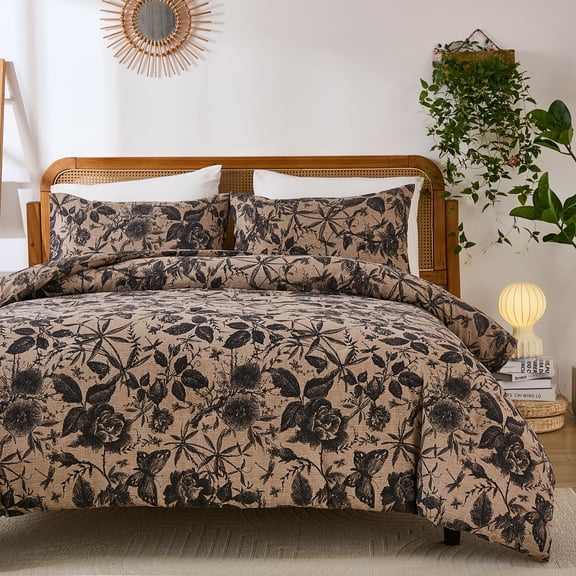 Vintage Floral Comforter Set Queen, 100% Natural Cotton Bedding with Brown Floral and Butterfly, Soft Breathable Comforter Set for All Seasons