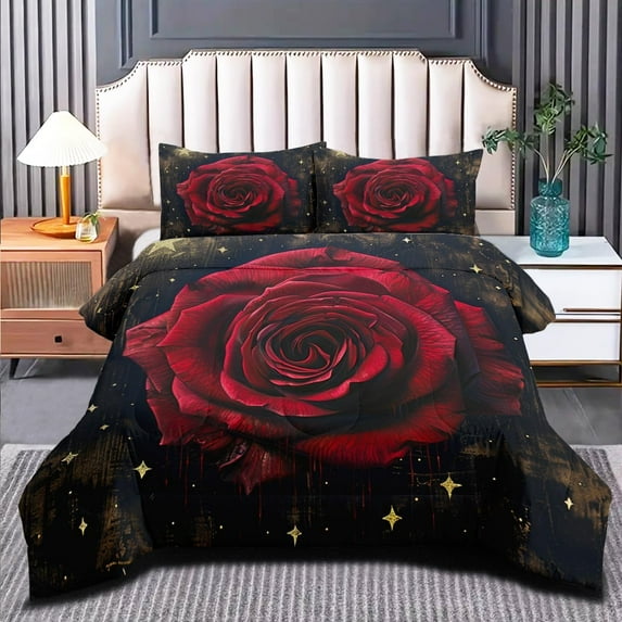 Vintage Floral Comforter Set Size Red Black White Botanical Flower Bedding Set 3 Piece Gold Leaf Bedding for Women Elegant Flowers Comforters Soft Down Alternative Comforter Sets