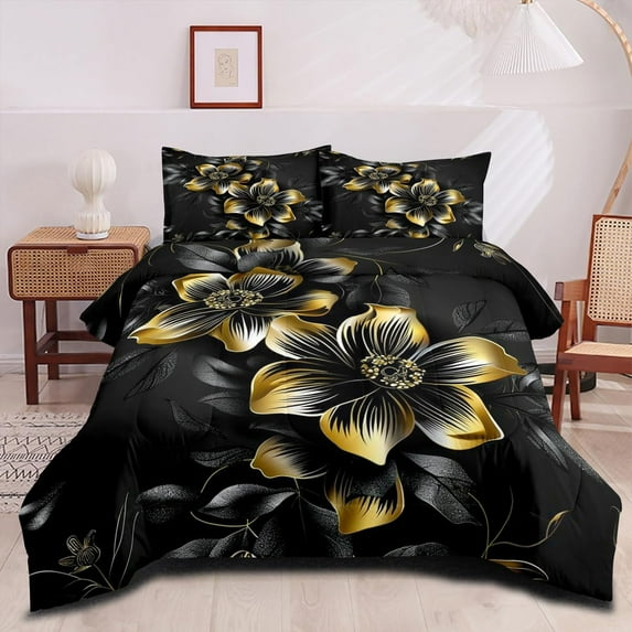 Vintage Floral Comforter Set Size Red Black White Botanical Flower Bedding Set 3 Piece Gold Leaf Bedding for Women Elegant Flowers Comforters Soft Down Alternative Comforter Sets