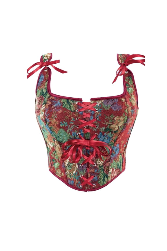 Vintage Floral Corset Tops for Women Renaissance Lace-Up Front Shoulder Bow Ties Vest Overbust Boned Bustier Bodice